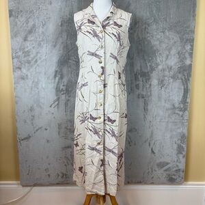 K Studio Linen Dragonfly Floral Sleeveless Cream Summer Vacation Dress Wmn’s 10